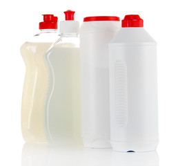 Bottles of dishwashing liquid and kitchen cleaner, isolated