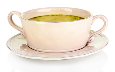 Nourishing soup with vegetables in pan isolated on white