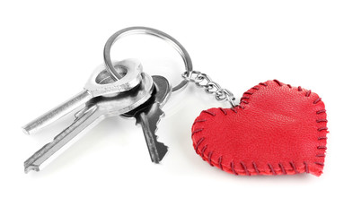 Key with leather trinket isolated on white