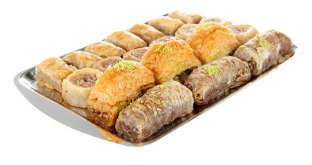 Sweet baklava on tray isolated on white