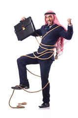 Arab man tied up with rope on white