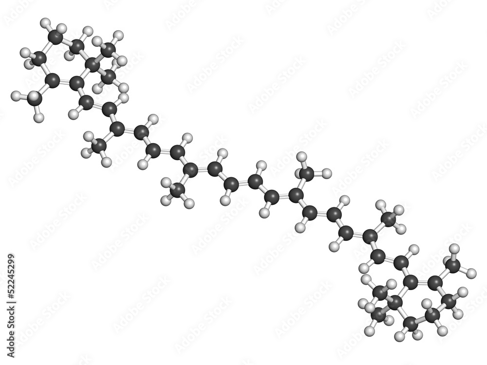 Poster Beta-carotene carot pigment, molecular model.