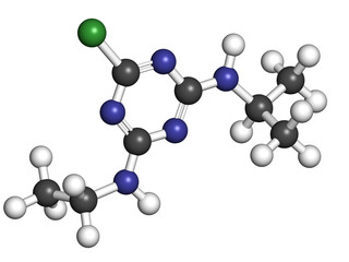 Atrazine herbicide, molecular model.