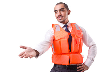 Man in life jacket isolated on white