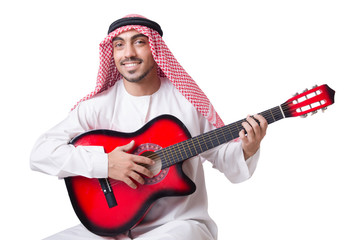 Arab man playing guitar isolated on white