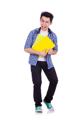 Student with lots of books on white