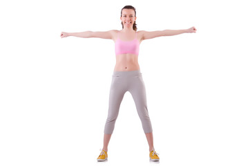 Young woman doing exercises on white