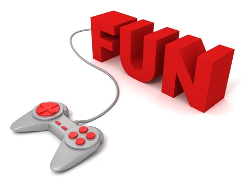 gray joystick red buttons with concept FUN text letters