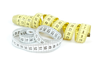 Yellow and white measuring tape isolated on white