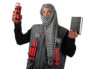 Portrait of man wearing scarf while holding dynamite and book 