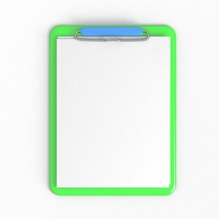 Green clipboard with blank sheets of paper isolated on white