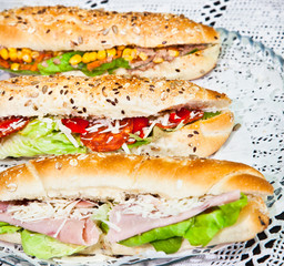 Long sandwiches made from integral bred with cheese and vegetabl