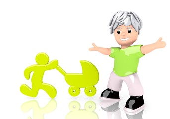Illustration of a young baby buggy icon  with cute 3d character