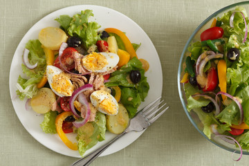 Salad nicoise. Tuna, eggs, potatoes, green beans, tomatoes