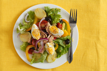 Salad nicoise. Tuna, eggs, potatoes, green beans, tomatoes
