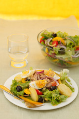 Salad nicoise. Tuna, eggs, potatoes, green beans, tomatoes