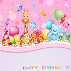 Birthday card with balloons, gifts and candies
