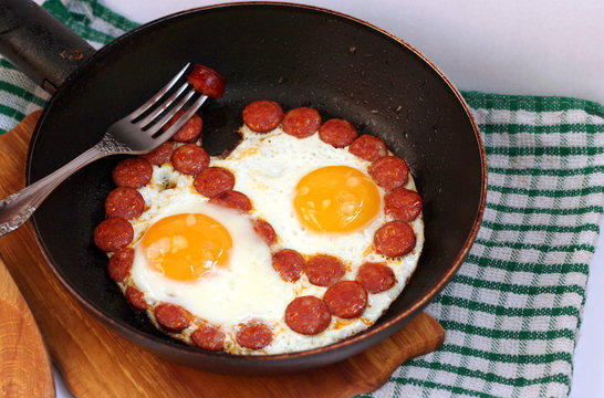 fried sausages and eggs