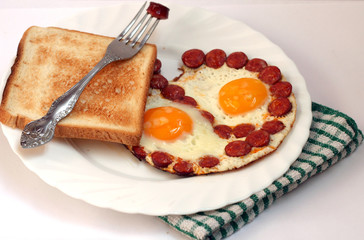 traditional breakfast with eggs and sausages fried