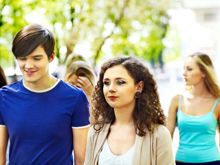 Group people in summer outdoor.
