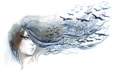 Photo sur Plexiglas Peintures belle femme avec des oiseaux dans les cheveux