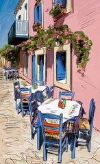 Papier Peint photo Café de rue dessiné Illustration de la couleur de la rue de la ville européenne