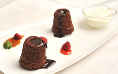 Chocolate souffle cakes on a dish
