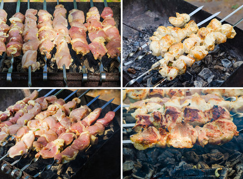 many roast meat pieces on skewer. shish kebab cooking process