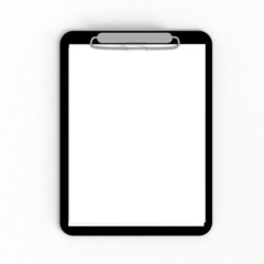 Black clipboard with blank sheets of paper isolated on white