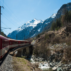 Red Train view with Snow Mountain  Heading to Zermatt, Switzerla
