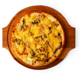appetizing mushrooms pizza cheese wooden tray isolated on whi