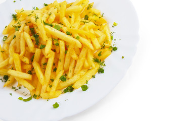 plate dill tasty fries potatoes isolated on white background