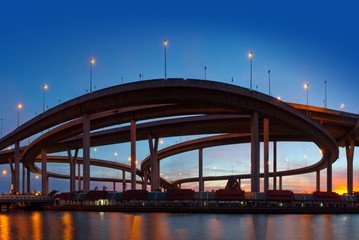 Traffic in modern city at night,Bhumibol Bridge,Bangkok,Thailand