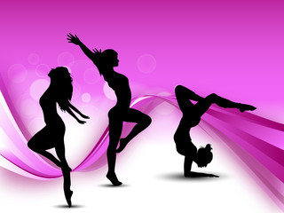 Illustration of rhythmic gymnastic girls on pink wave background