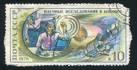 Cosmonauts on board Salyut space station and Mars planetary stat