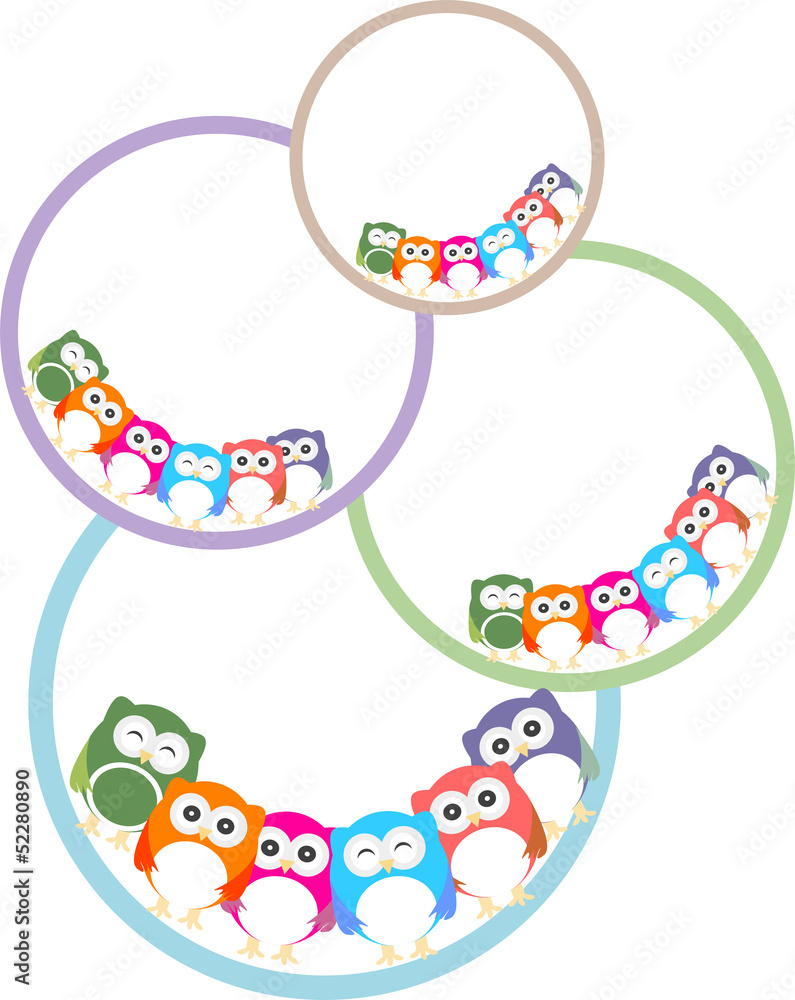 Poster set of colorful owls with different expressions