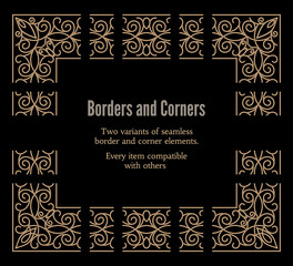 Set of gold seamless borders and corners isolated on black