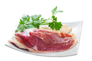 Marinated duck fillet on a white background
