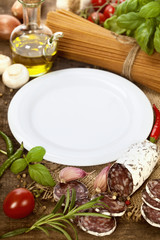 whole wheat spaghetti, ingredients and plate for text