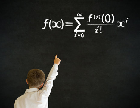 Hand up answer boy business man with maths equation