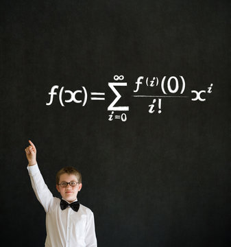 Hand up answer boy business man with maths equation