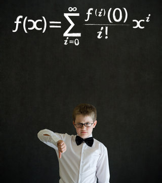 Thumbs down boy business man with maths equation