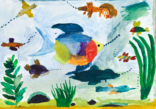 child's painting - fishes in sea
