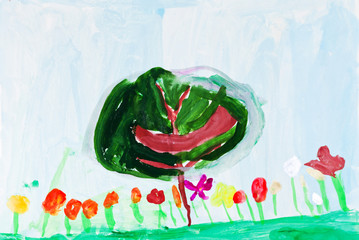 Naklejka premium child's painting - green tree and flowers