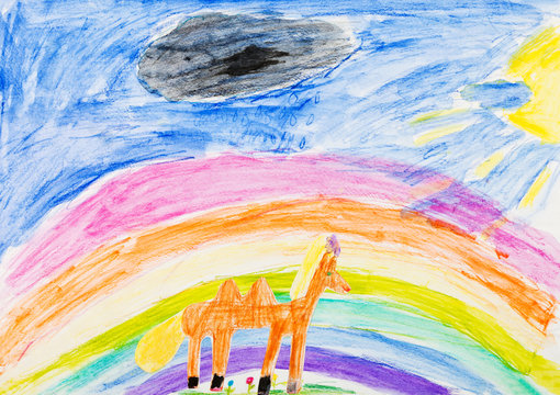 child's drawing - horse under rainbow