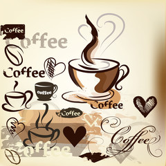 Coffee  grunge vintage vector design with coffee cups, grains an