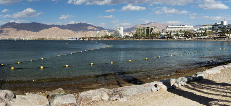 Panoramic view on the Red Sea from central beach of Eilat