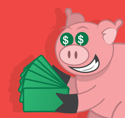 Pig holding stacks of money