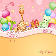 Baby shower card with toys and balloons