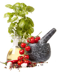 fresh flavoring herbs and spices in mortar